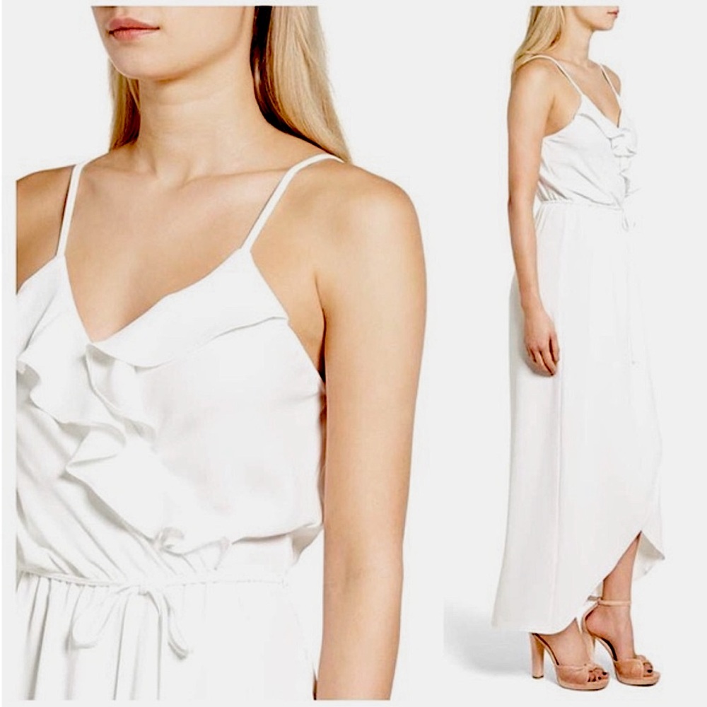 Everly Ruffle Front Tie Waist Mock Wrap Slit Maxi Dress White Large Resort Party - Picture 3 of 13